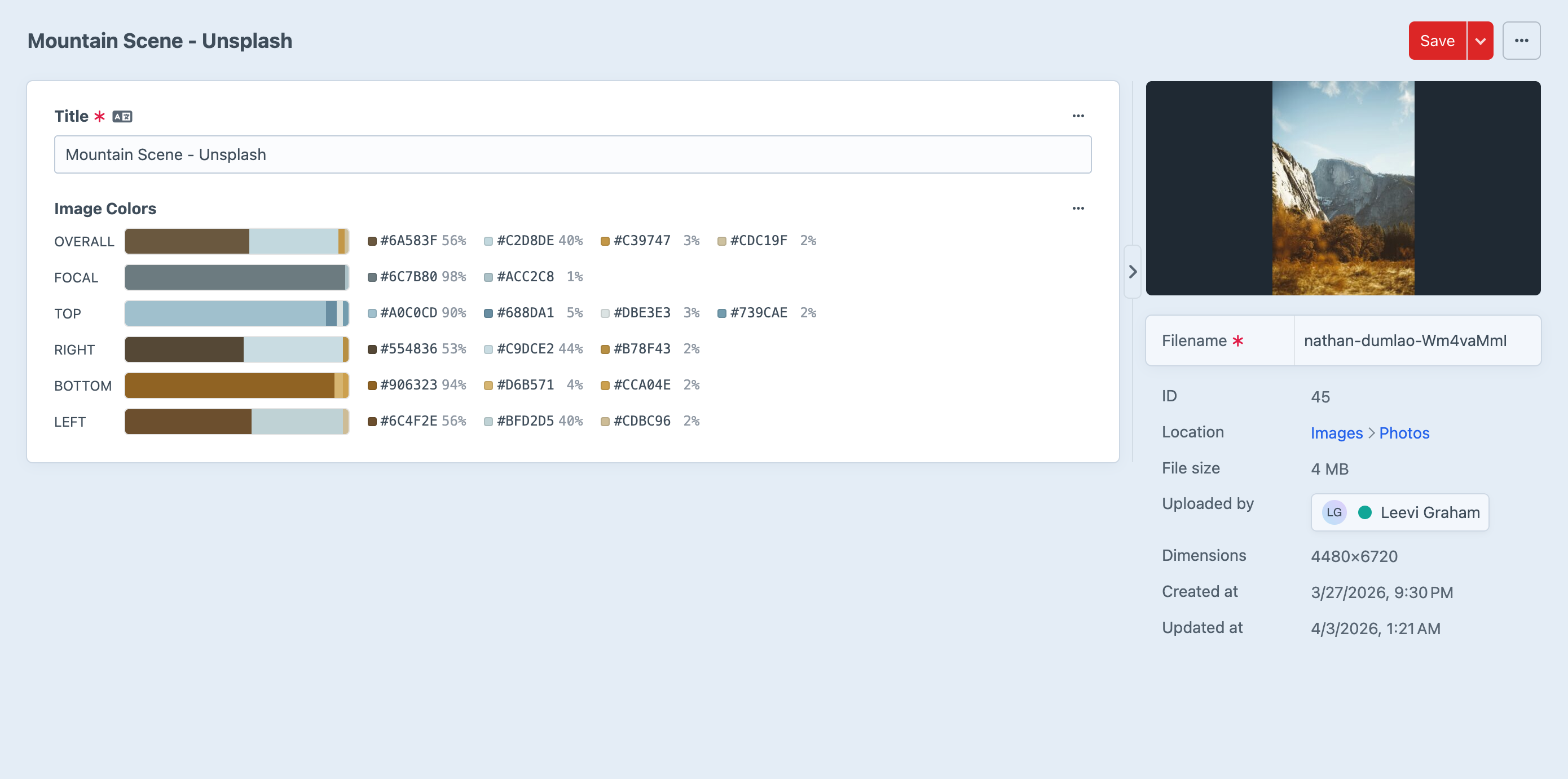 Asset edit page showing all six color region palettes