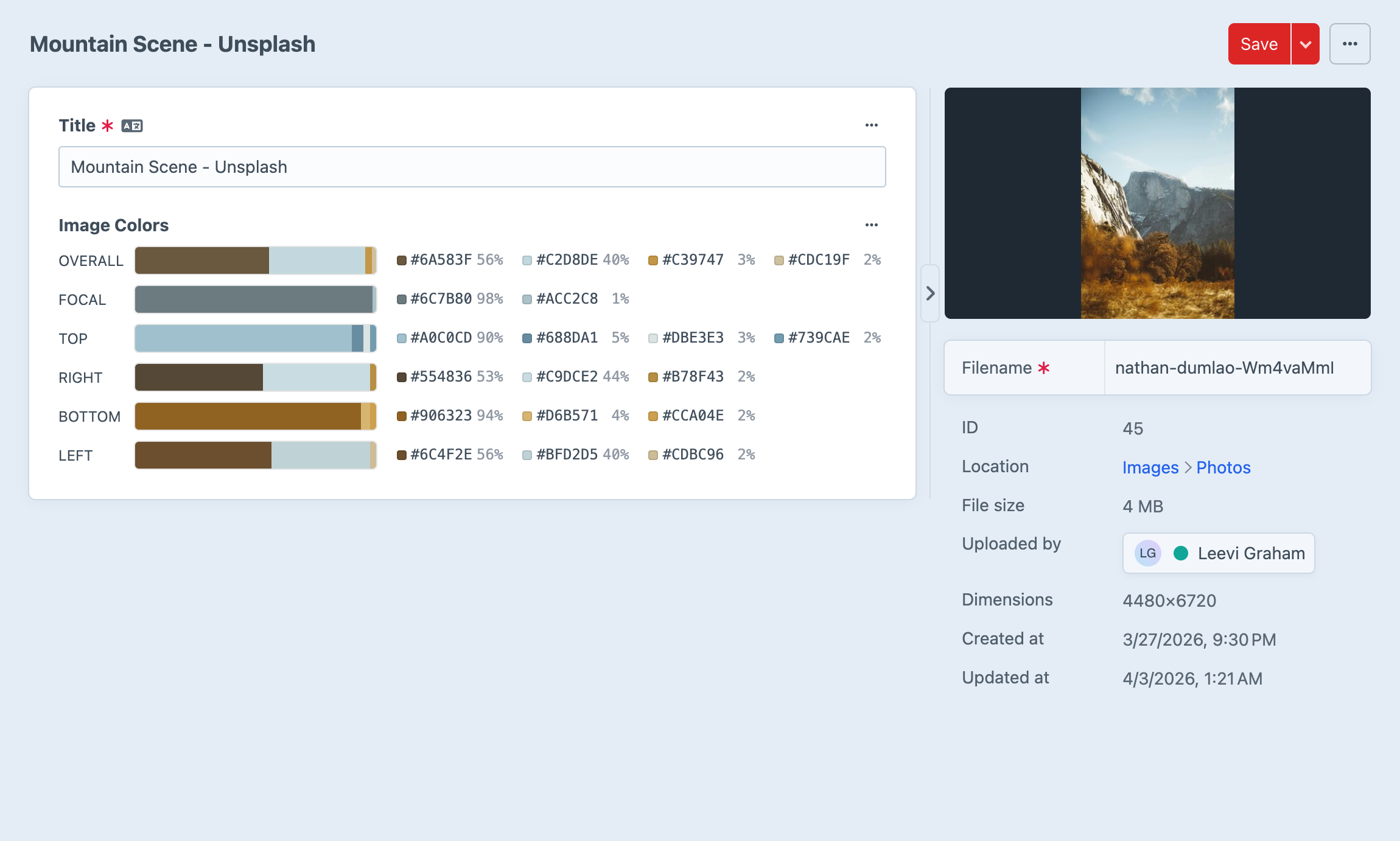 Color data field on asset edit page