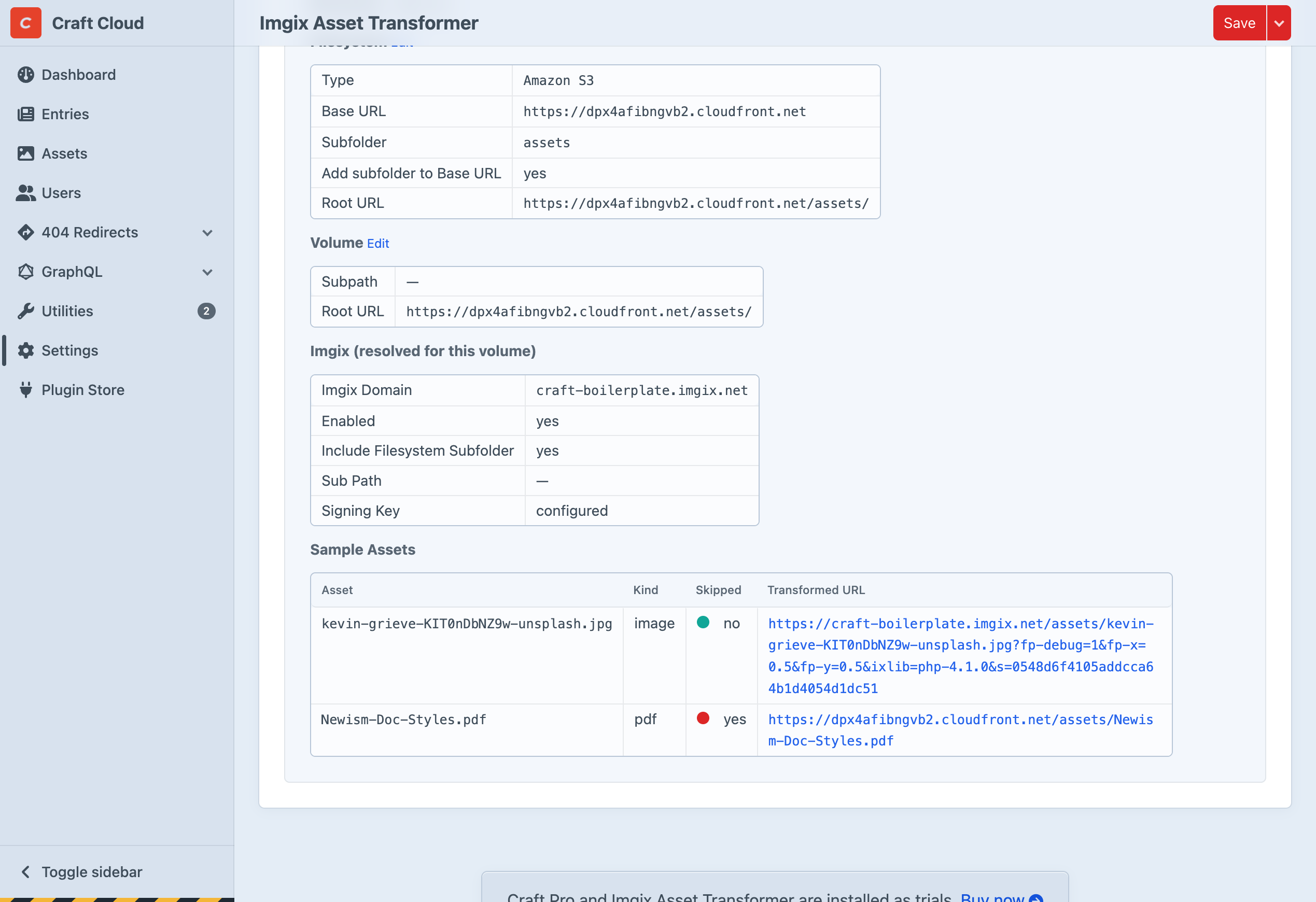 Volume debug showing filesystem, volume, and Imgix settings with sample assets