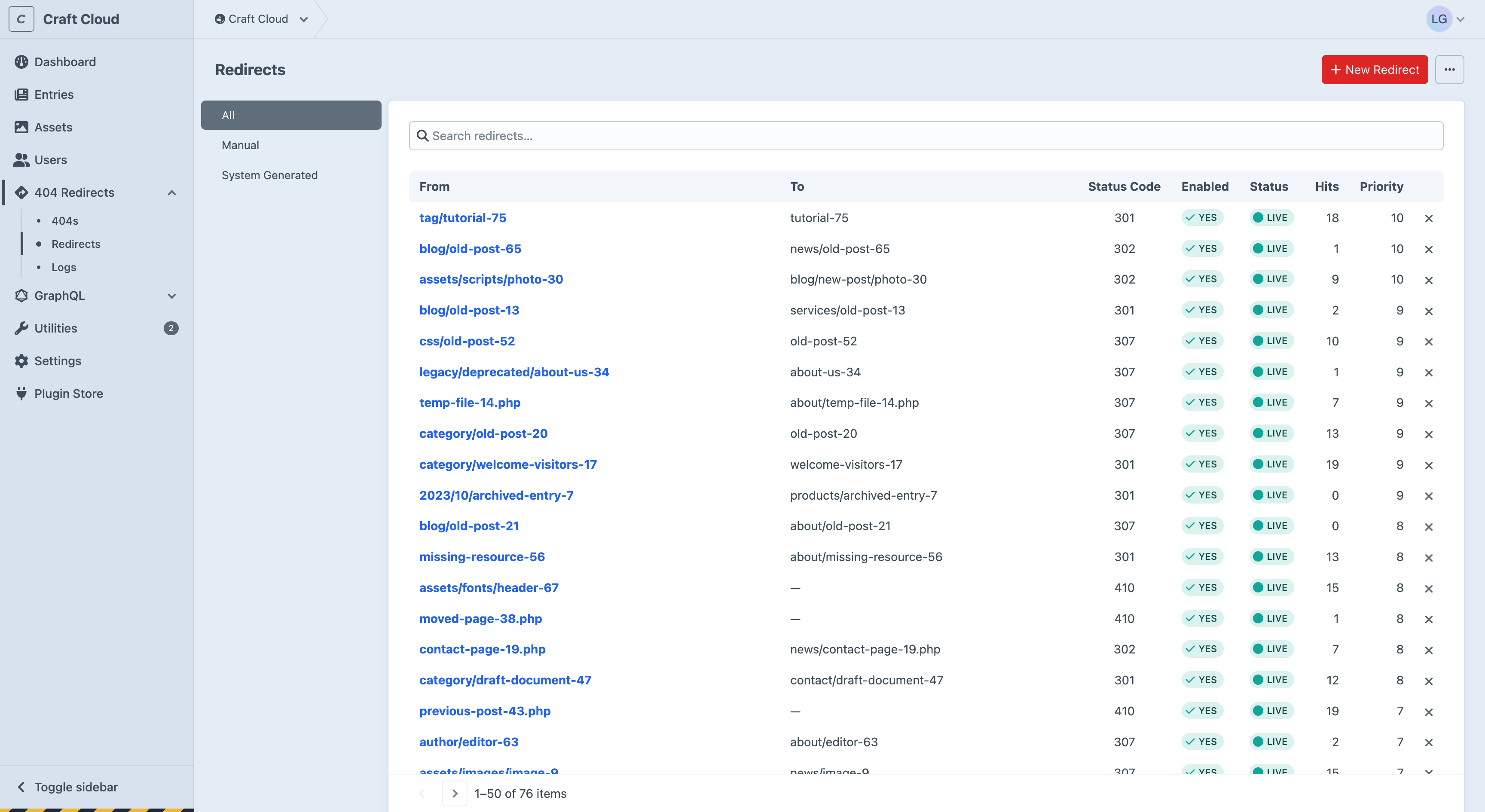 Redirects listing