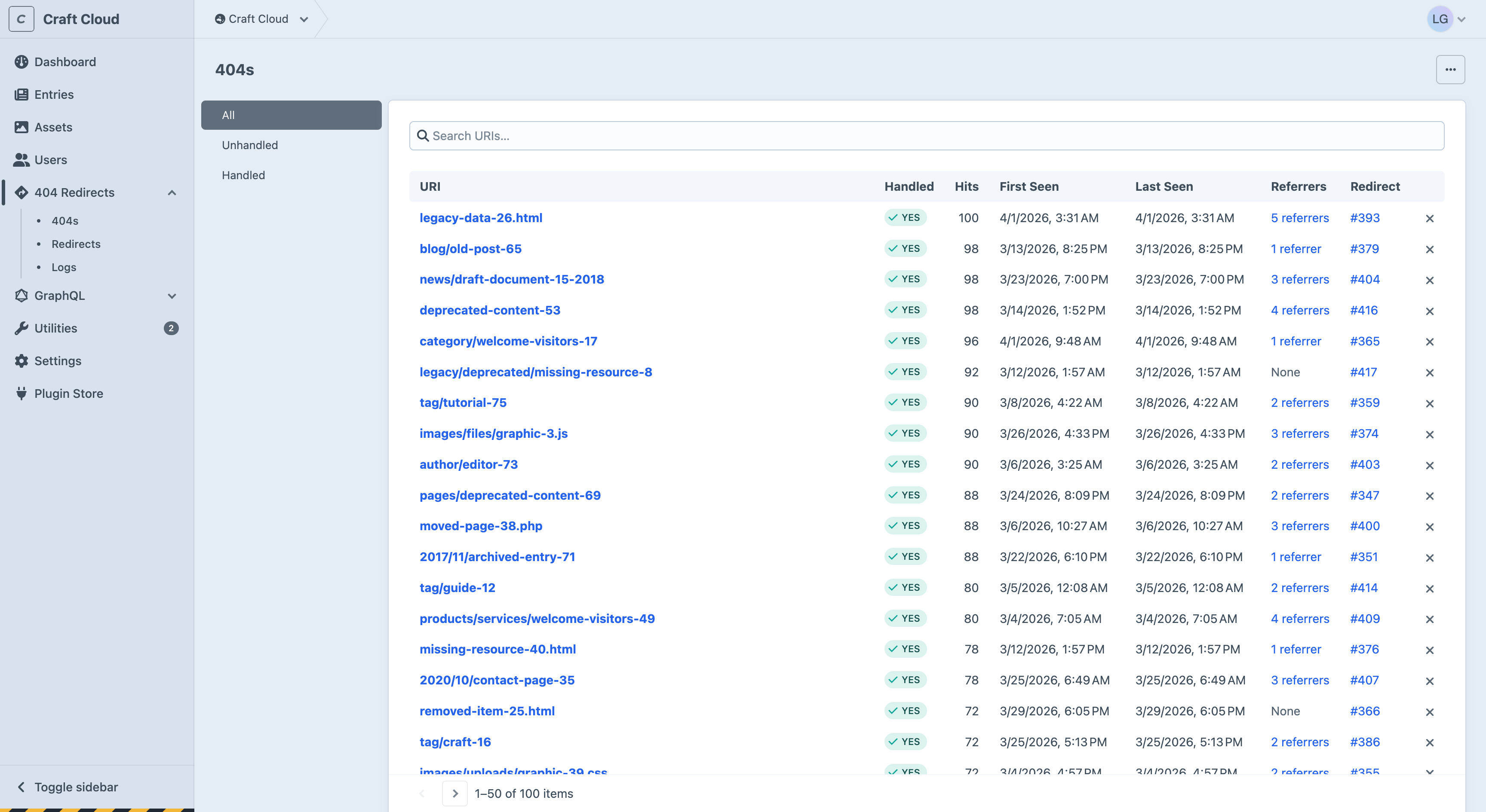 404 Redirects plugin showing 404s listing in Craft CMS control panel
