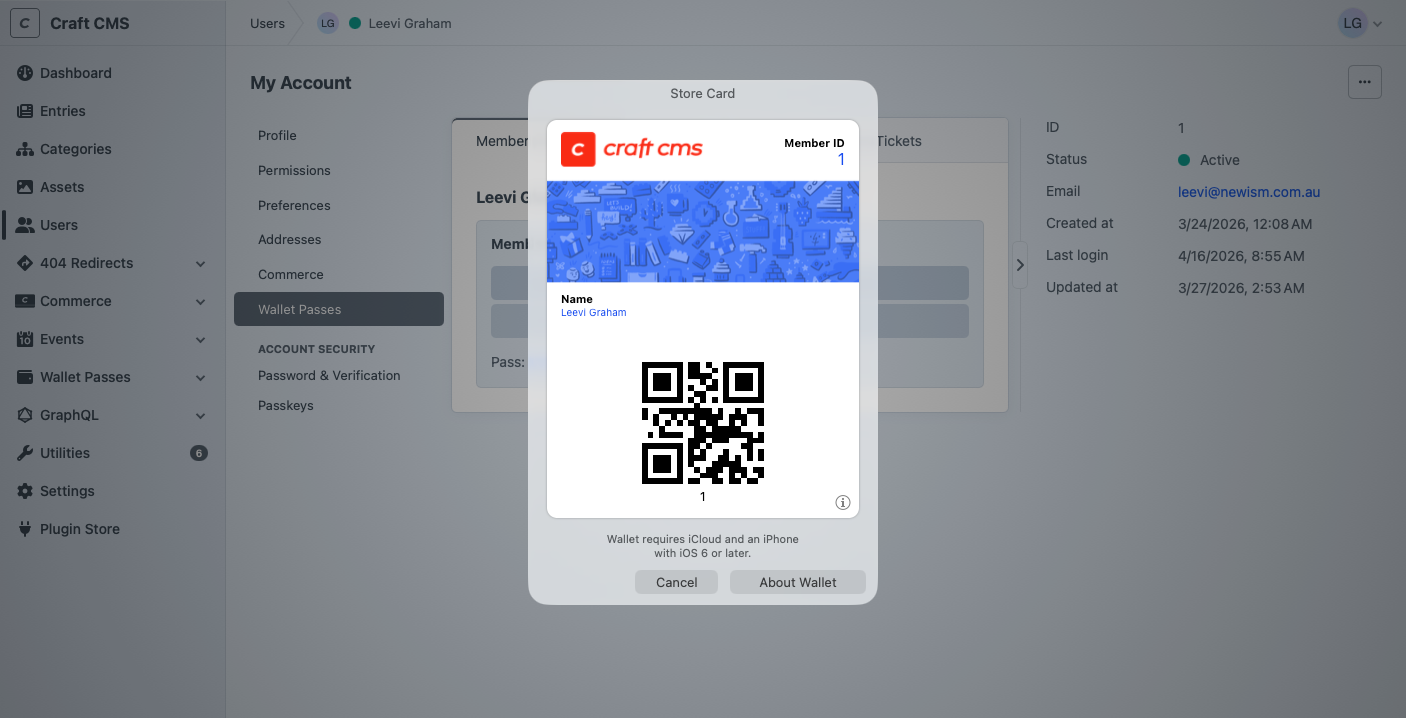 Apple Wallet membership card generated by the Wallet Passes plugin