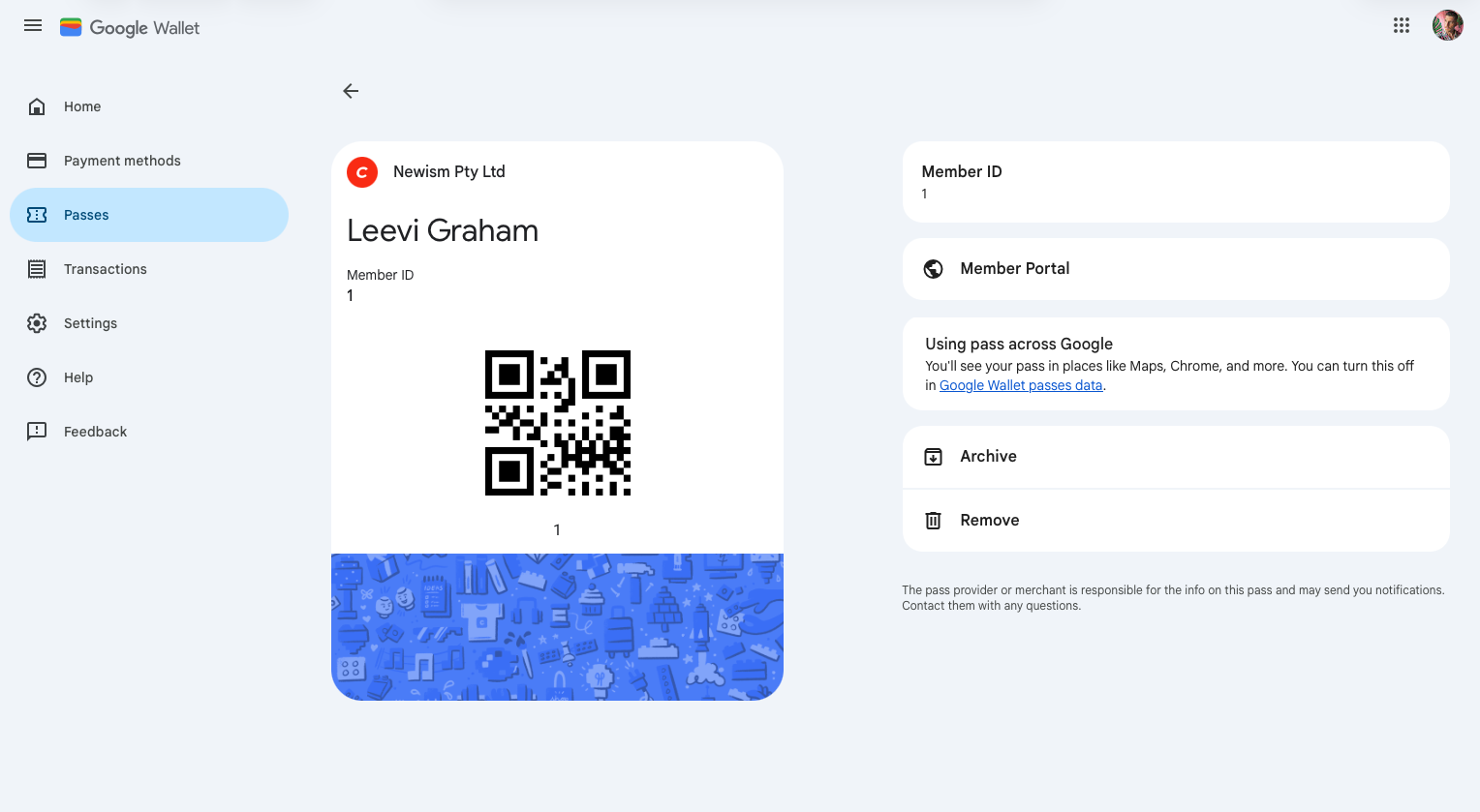Google Wallet membership card